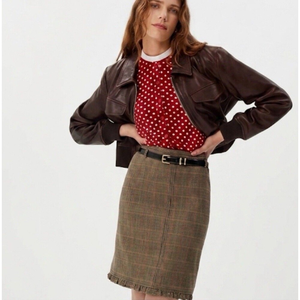 NWT J. Crew Classic Ruffle Trim Glen Plaid 100% Wool Midi Skirt Chic Size 8 NEW - Picture 2 of 16